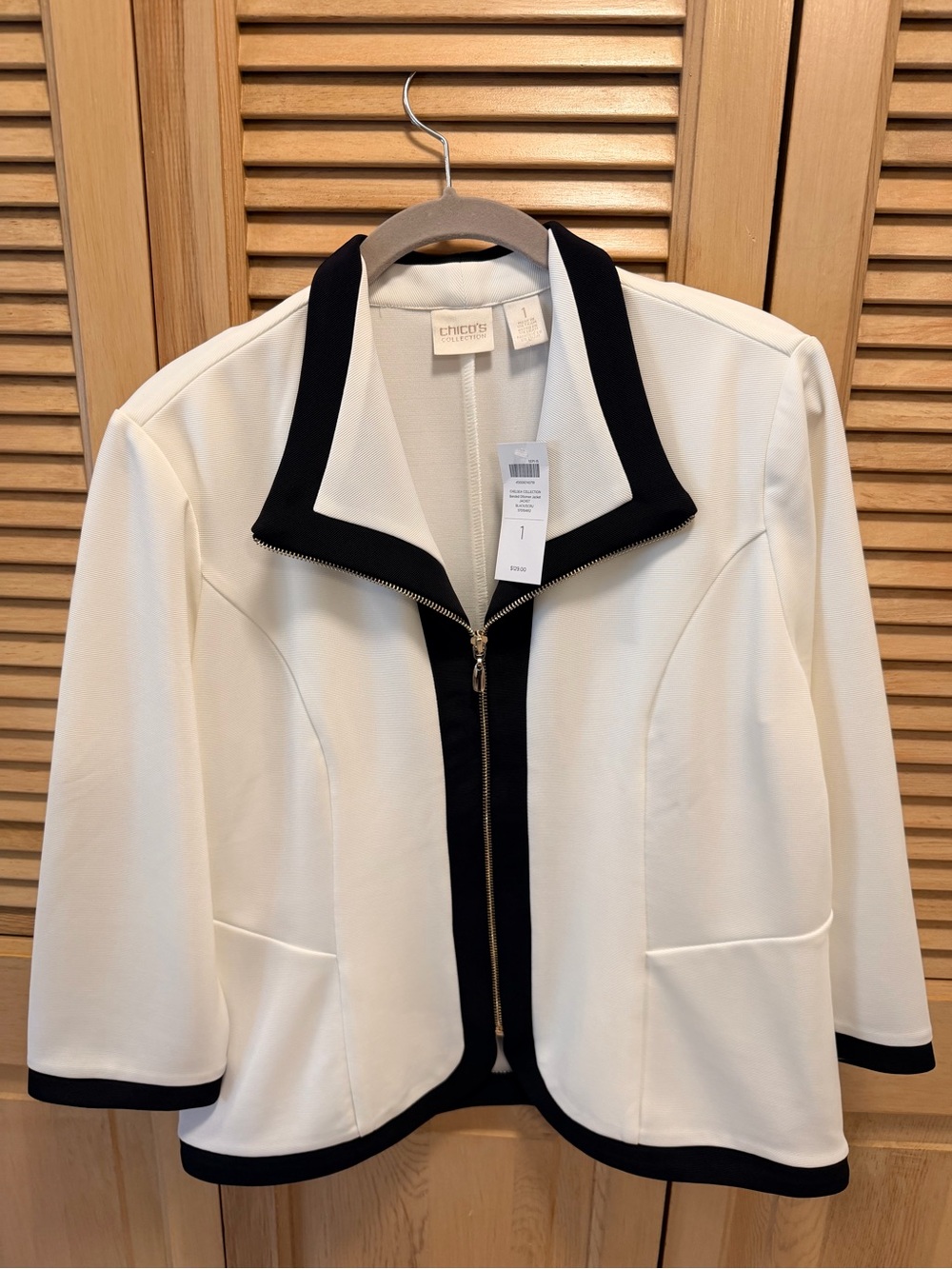 Chico's White Jacket with Black Trim and Zip Front